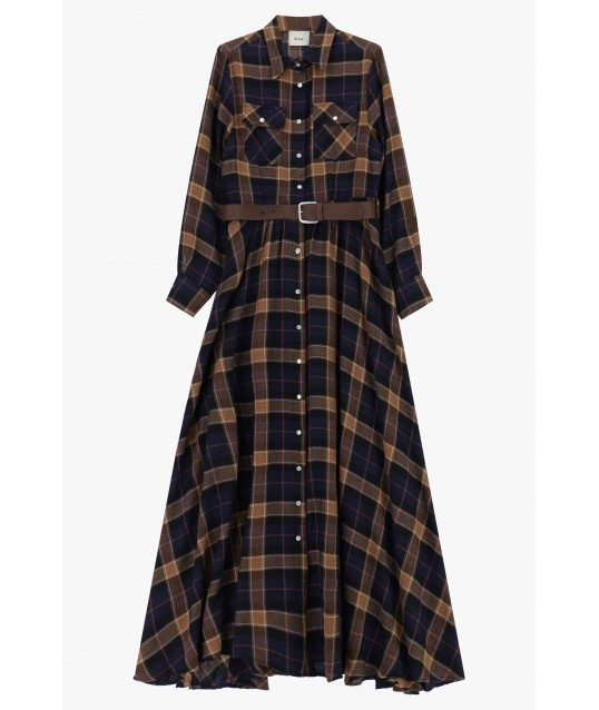 Long Checkered Dress With Belt And Dixie Pockets
