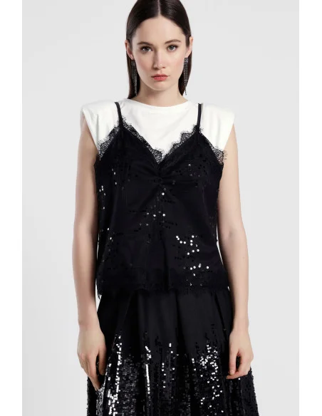 Top Doppio Effetto Con Paillettes E Inserti In Pizzo Dixie