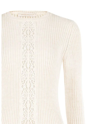 Fitted Ribbed Sweater with Central Lace Insert Rinascimento