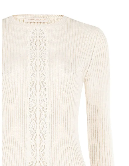 Fitted Ribbed Sweater with Central Lace Insert Rinascimento