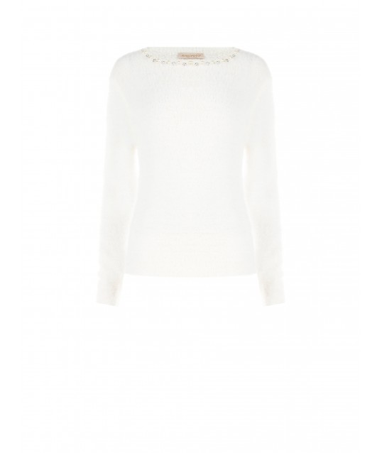 Pull fluffy avec perles et strass à l'encolure ras du cou Rinascimento