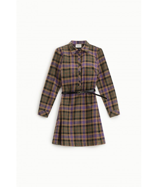 Robe courte à carreaux avec ceinture et manches longues Dixie