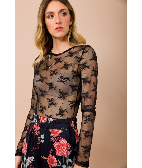 Blusa In Pizzo Girocollo Slim Fit Manica Lunga Maryley