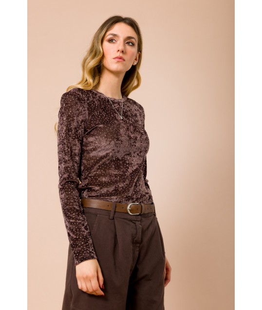 Blusa Manica Lunga Girocollo Con Strass Allover Maryley