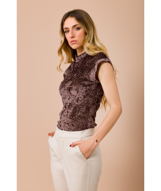 Top Smanicato Lupetto Con Strass Allover Maryley