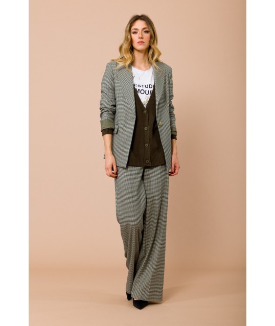 Pantalone Palazzo Pied De Poule Con Elastico Nel Retro E Tasche Alla Francesce Maryley