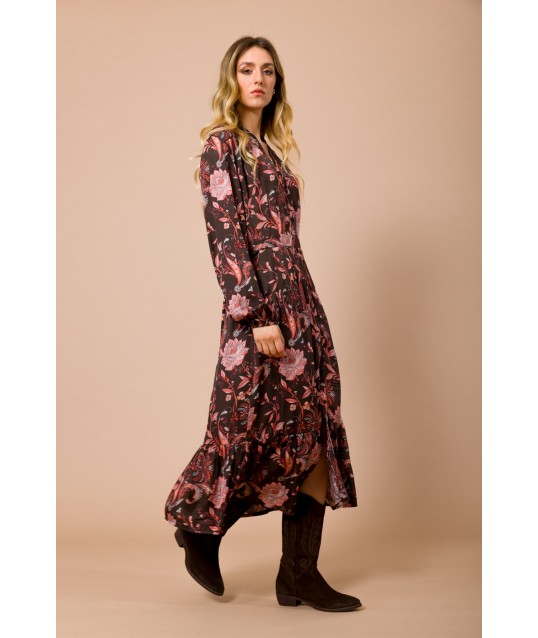 Maryley Fancy Viscose Satin 7/8 Chemisier Dress with Bottom Ruffle (robe de chimiste 7/8 en viscose avec volants au bas)