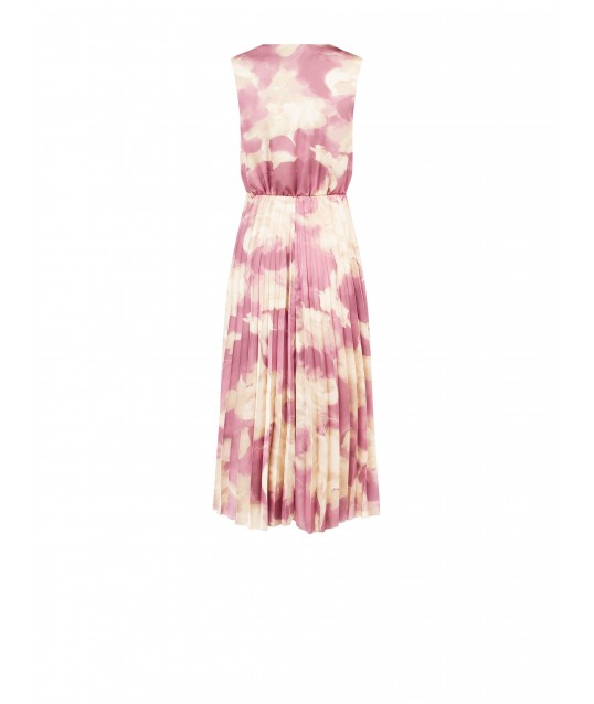 Satin Midi Dress In Shaded Pleated Flowers With Crossed V-neck Rinascimento