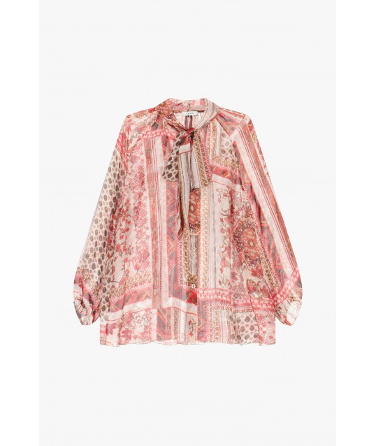 Dixie Neck Bow Patterned Wide Blouse