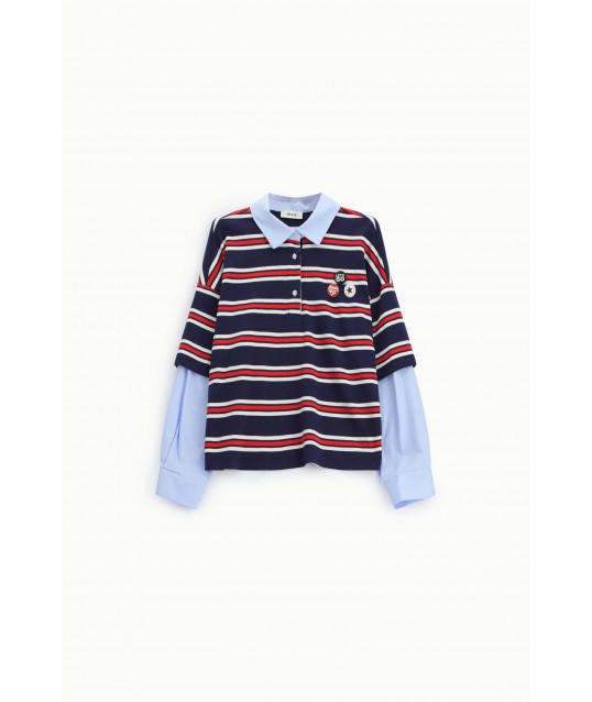 Striped Sweatshirt With Collar And Badge Applied Dixie