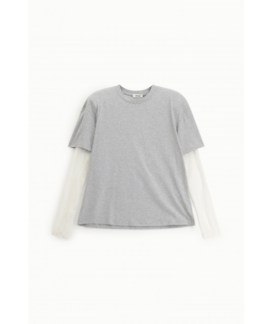 Crew Neck T-Shirt With Long Sleeves Embroidered Tulle Dixie