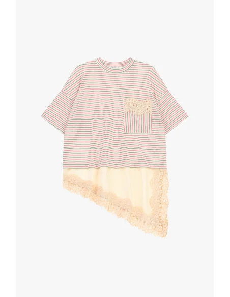 Striped T-Shirt With Lace Detailing And Asymmetrical Bottom Dixie