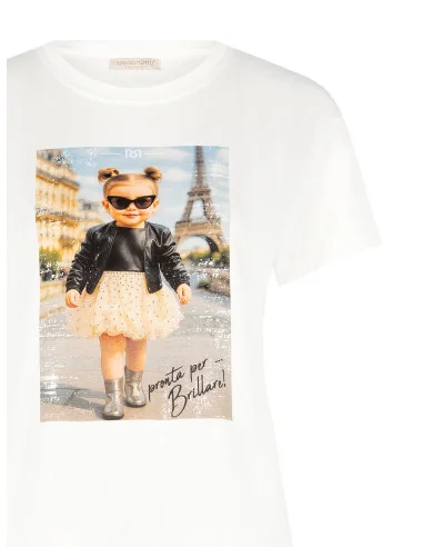 T-Shirt Regular In Cotone Con Stampa Bimba E Strass Rinascimento
