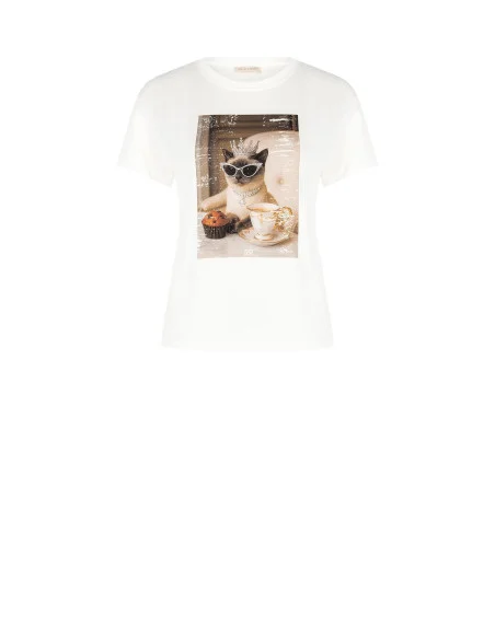 T-Shirt Regular In Cotone Con Stampa Gatto E Strass Rinascimento