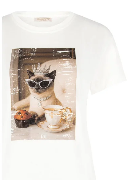 T-Shirt Regular In Cotone Con Stampa Gatto E Strass Rinascimento