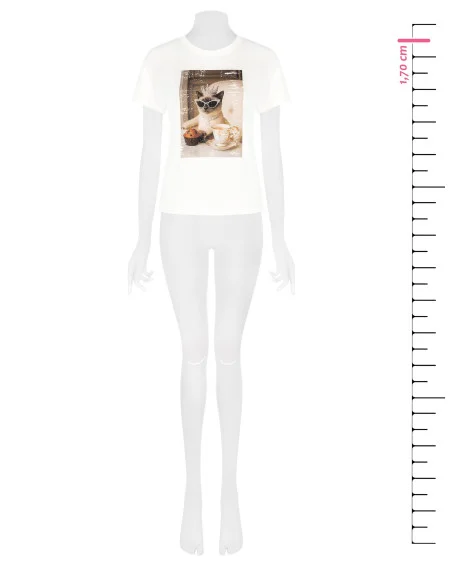 T-Shirt Regular In Cotone Con Stampa Gatto E Strass Rinascimento