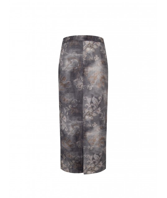 Washed Denim And Flower Printed Rinascimento Long Pencil Skirt