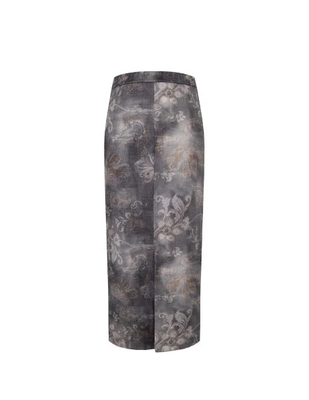 Washed Denim And Flower Printed Rinascimento Long Pencil Skirt