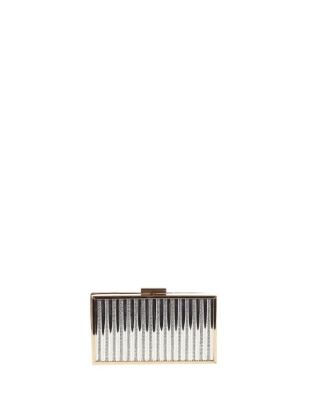 Rhinestone Striped Metallic Rigid Clutch Bag With Internal Chain Strap Rinascimento