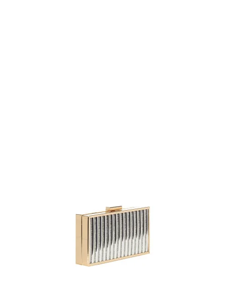 Rhinestone Striped Metallic Rigid Clutch Bag With Internal Chain Strap Rinascimento