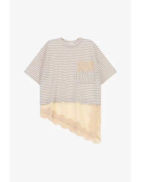 T-Shirt A Righe Con Taschino E Bordo In Pizzo Dixie
