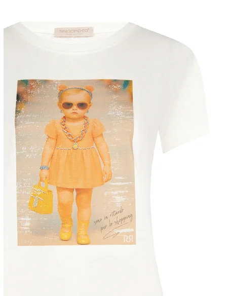 Regular Cotton T-Shirt With Baby Girl Print And Rhinestone Rinascimento