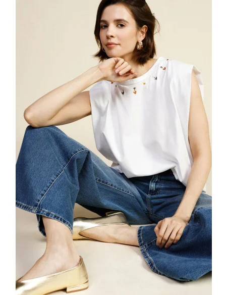 Top Senza Maniche Con Ricamo Floreale Sullo Scollo Dixie