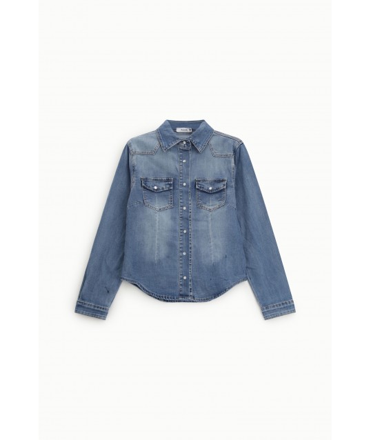 Denim Shirt With Front Pockets And Buttoned Cuffs Please