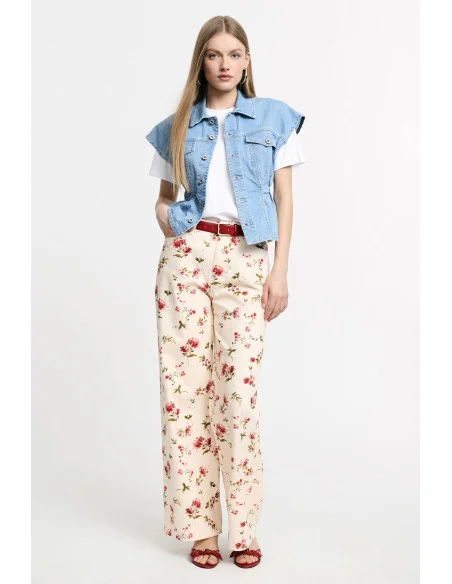 Pantaloni Palazzo Stampa Floreale Vita Alta Please