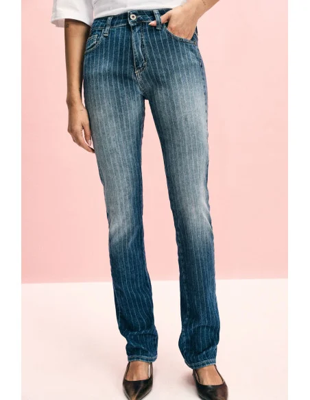 Striped Straight-Leg Jeans With Mid Waist Please