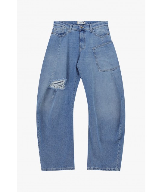 Jeans Wide Leg Strappo E Tasca Applicata Please