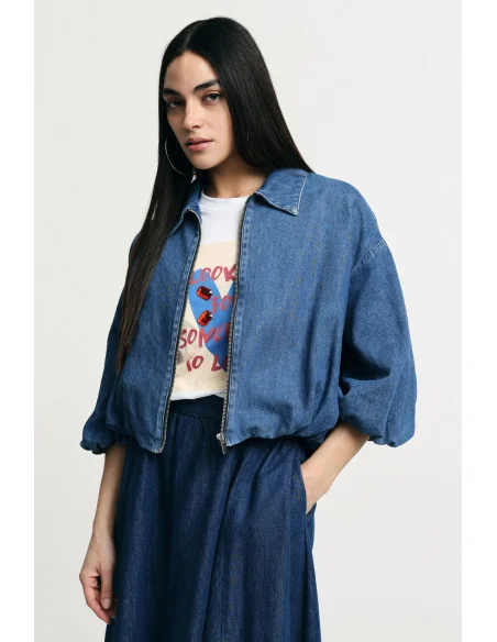 Denim Jacket Corta Con Zip E Maniche Balloon Please