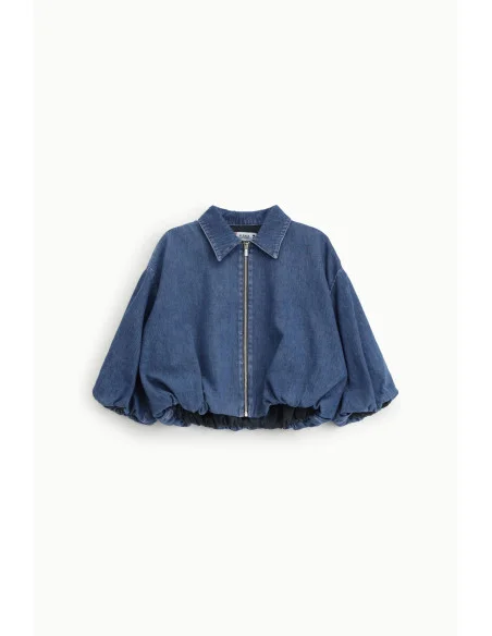 Denim Jacket Corta Con Zip E Maniche Balloon Please