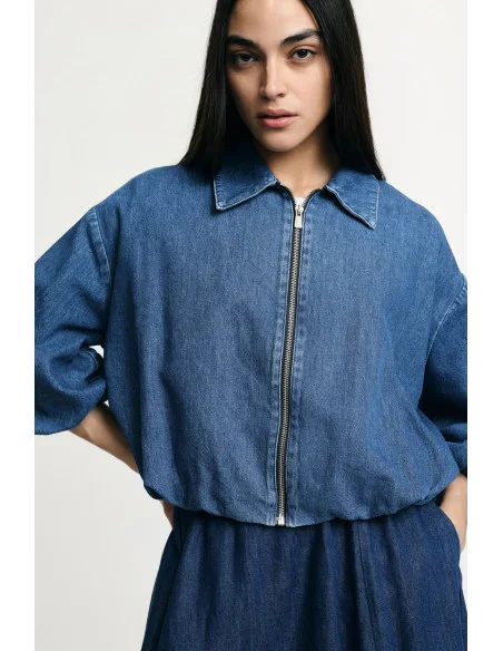 Denim Jacket Corta Con Zip E Maniche Balloon Please
