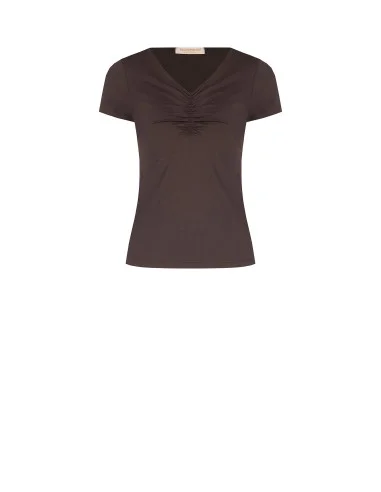 T-shirt ajusté en mélange de viscose avec encolure en V froncée Rinascimento