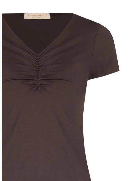 T-Shirt Aderente In Misto Viscosa Con Scollo A V Arricciato Rinascimento