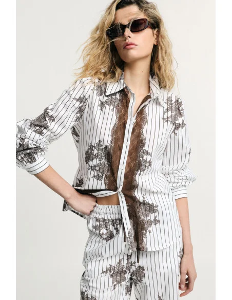Striped and Lace Print Shirt with Buttons Please