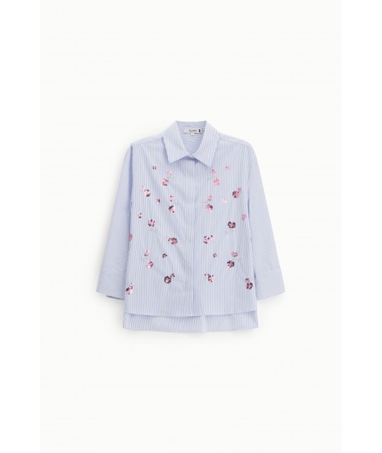 Camicia Rigata Con Fiori Ricamati E Maniche 3/4 Please