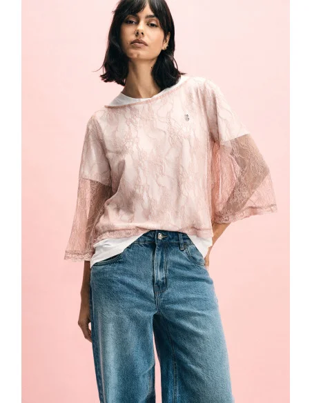 Top Con Pizzo E Maniche A 3/4 Trasparenti Please