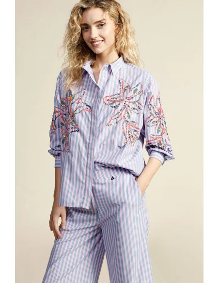 Camicia A Righe Con Ricami Floreali E Maniche Lunghe Dixie
