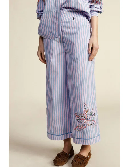 Dixie - Pantalon de palace rayé à broderie florale