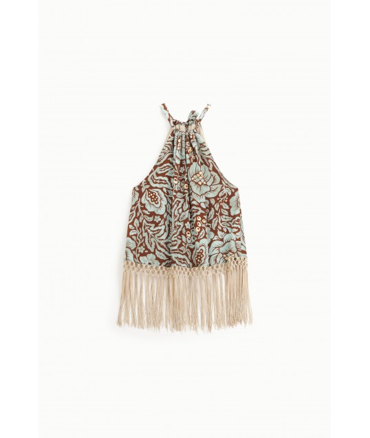 Floral and Fringe Print American Neckline Long Dixie Tops