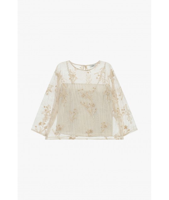 Top With Floral Embroidery And 3/4 Length Sleeves Dixie