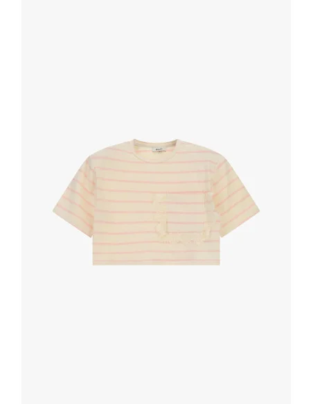 Cropped Striped T-Shirt With Pocket And Fringe Trim Dixie