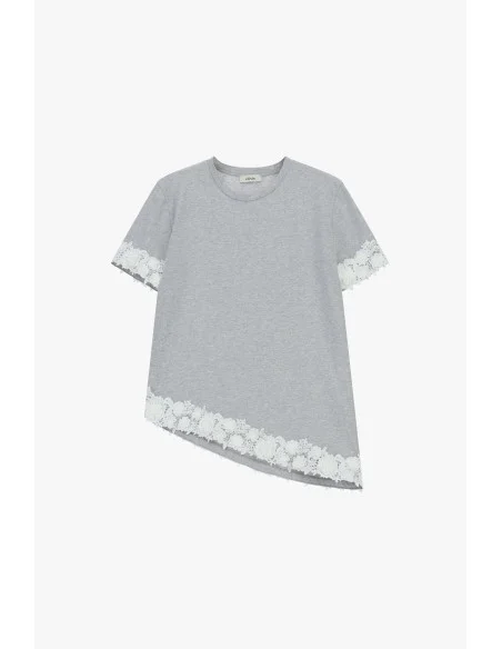 T-shirt à manches courtes avec bordure asymétrique et dentelle Dixie