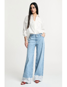 Jeans Flare Vita Media Con Bordi In Pizzo Please