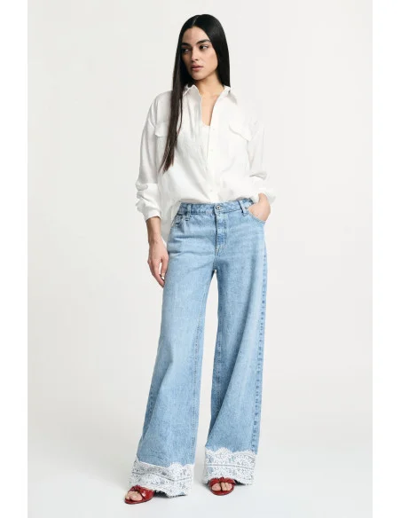 Jeans Flare Vita Media Con Bordi In Pizzo Please