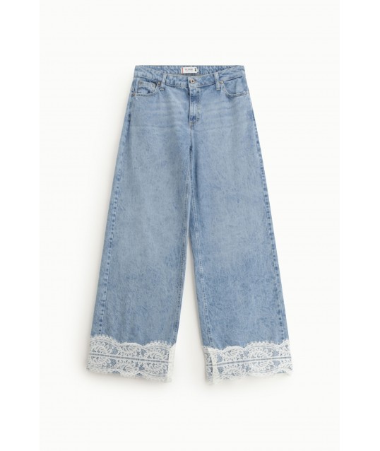 Jeans évasé taille moyenne avec bordures en dentelle Please