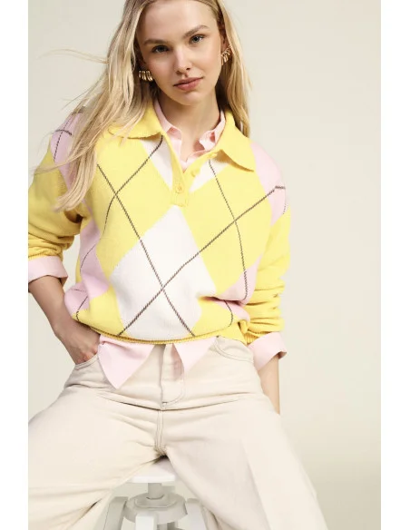 Maglione A Rombi Con Colletto E Bottoni Dixie