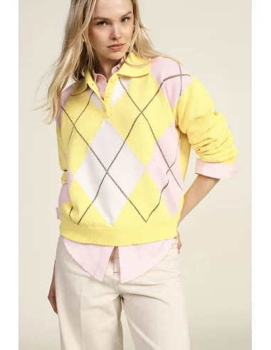 Diamond-Patterned Sweater with Collar and Buttons Dixie